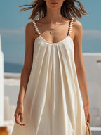 Cycladic Resort Ivory Linen Beaded Strap Pleated Midi Slip Dress