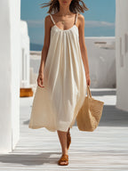 Cycladic Resort Ivory Linen Beaded Strap Pleated Midi Slip Dress