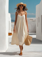 Cycladic Resort Ivory Linen Beaded Strap Pleated Midi Slip Dress