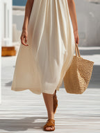 Cycladic Resort Ivory Linen Beaded Strap Pleated Midi Slip Dress