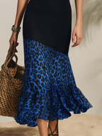 Resort-style V-neck Halter Neck Patchwork Leopard Print Midi Dress
