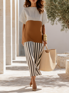 Old Money Striped Patchwork Short-Sleeve Cotton-Linen Midi Dress