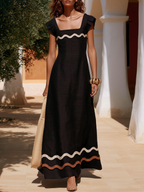 Resort-Style Contrasting Wave Trim Black Cotton-Linen Maxi Dress