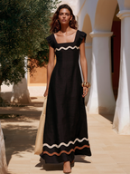 Resort-Style Contrasting Wave Trim Black Cotton-Linen Maxi Dress