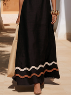 Resort-Style Contrasting Wave Trim Black Cotton-Linen Maxi Dress