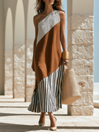 Minimalist Summer Asymmetrical One-Shoulder Colorblock Linen Blend Maxi Dress