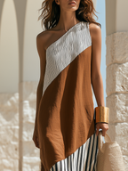 Minimalist Summer Asymmetrical One-Shoulder Colorblock Linen Blend Maxi Dress