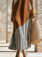 Minimalist Summer Asymmetrical One-Shoulder Colorblock Linen Blend Maxi Dress