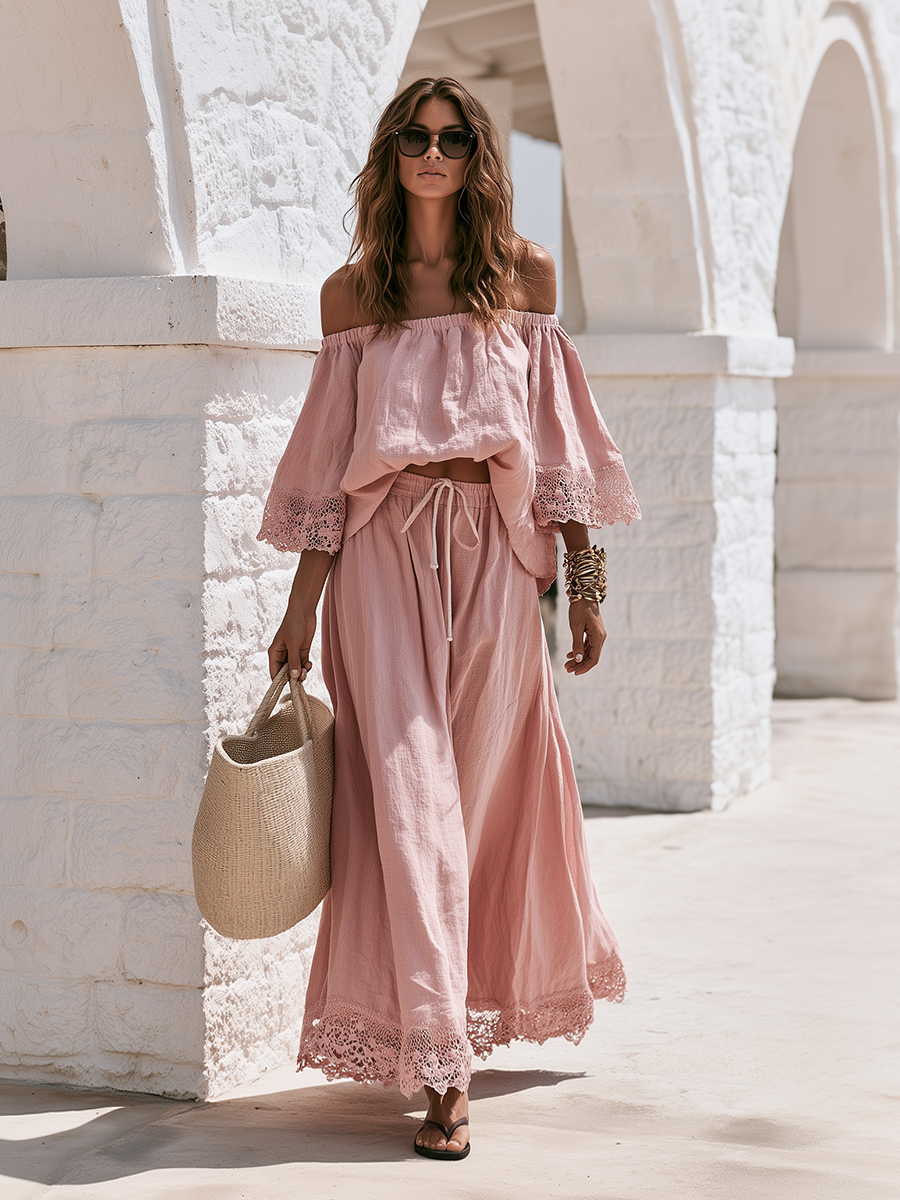 Bohemian Off-shoulder Lace-trimmed Three-quarter Sleeve Top And Skirt Cotton-linen Set