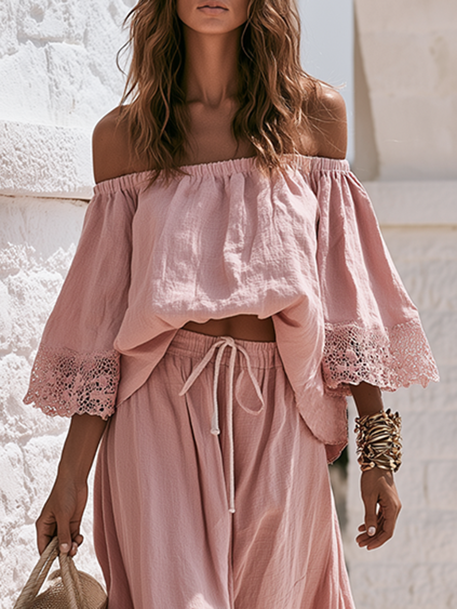 Bohemian Off-shoulder Lace-trimmed Three-quarter Sleeve Top And Skirt Cotton-linen Set