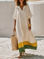 Minimalist Color-Block Hem Off-White Hooded Short-Sleeve Cotton-Linen Maxi Dress