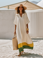 Minimalist Color-Block Hem Off-White Hooded Short-Sleeve Cotton-Linen Maxi Dress