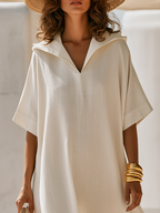 Minimalist Color-Block Hem Off-White Hooded Short-Sleeve Cotton-Linen Maxi Dress