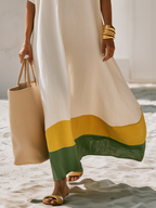 Minimalist Color-Block Hem Off-White Hooded Short-Sleeve Cotton-Linen Maxi Dress