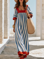 Vacation Linen-Cotton Striped Color Block Long Sleeve Maxi Dress