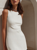 Minimal Resort White Pinstripe Linen Blend Chiffon Ruffle Hem Mini Dress