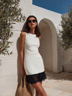 Minimal Resort White Pinstripe Linen Blend Chiffon Ruffle Hem Mini Dress