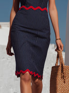 Nautical Resort Navy Pinstripe Linen Red Wavy Trim Midi Sheath Dress