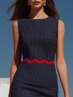 Nautical Resort Navy Pinstripe Linen Red Wavy Trim Midi Sheath Dress