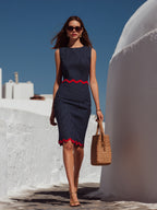 Nautical Resort Navy Pinstripe Linen Red Wavy Trim Midi Sheath Dress