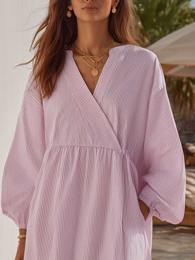 Cottagecore Lavender Pink Stripe Linen Wrap V Neck Balloon Sleeve Mini Dress