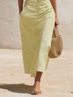 Minimal Resort Pale Yellow Linen Deep V Ruched Midi Dress