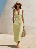 Minimal Resort Pale Yellow Linen Deep V Ruched Midi Dress