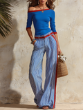 Retro Color-blocked One-shoulder Top And Striped Wide-leg Pants Set
