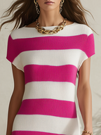 Resort-style Sleeveless Round Neck Striped Knit Midi Dress