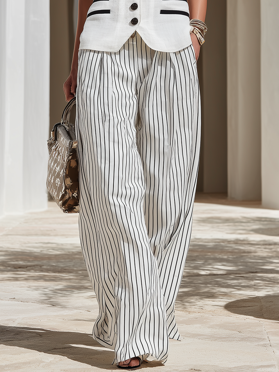 Resort-style Sleeveless Vest And Striped Trousers Set