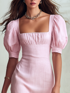 Vacation-style Square-neck Puff-sleeve Ruffled Midi Dress