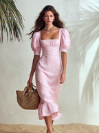 Vacation-style Square-neck Puff-sleeve Ruffled Midi Dress