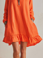 Vibrant Resort Orange Cotton Linen Long Sleeve Half-Zip Stand Collar Ruffled Hem Mini Dress