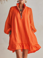 Vibrant Resort Orange Cotton Linen Long Sleeve Half-Zip Stand Collar Ruffled Hem Mini Dress