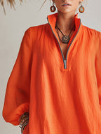 Vibrant Resort Orange Cotton Linen Long Sleeve Half-Zip Stand Collar Ruffled Hem Mini Dress