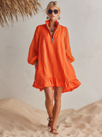 Vibrant Resort Orange Cotton Linen Long Sleeve Half-Zip Stand Collar Ruffled Hem Mini Dress