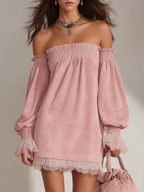 Retro-chic Off-shoulder Lace Trim Faux Suede Mini Dress
