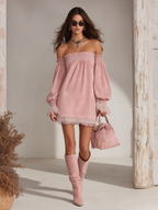 Retro-chic Off-shoulder Lace Trim Faux Suede Mini Dress