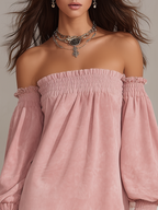 Retro-chic Off-shoulder Lace Trim Faux Suede Mini Dress