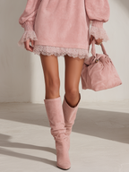 Retro-chic Off-shoulder Lace Trim Faux Suede Mini Dress