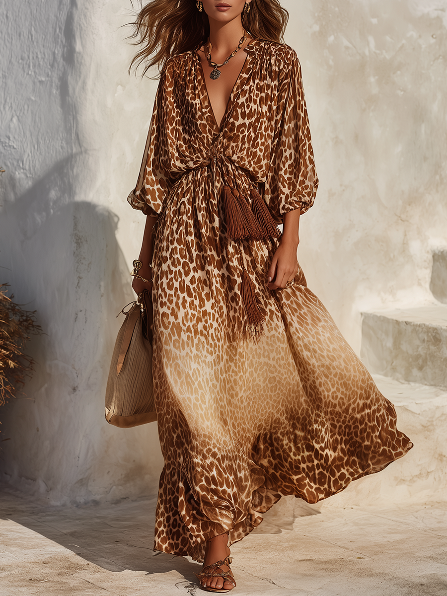 Retro V-neck Leopard Print Maxi Dress