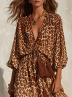 Retro V-neck Leopard Print Maxi Dress