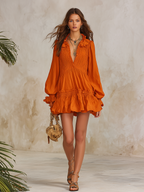 Elegant Retro Vacation V-neck Long-sleeved Ruffle Mini Dress
