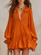 Elegant Retro Vacation V-neck Long-sleeved Ruffle Mini Dress