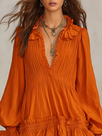 Elegant Retro Vacation V-neck Long-sleeved Ruffle Mini Dress