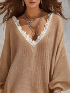 Stylish Relaxed Lace Trim V-neck Knitted Mini Dress