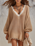 Stylish Relaxed Lace Trim V-neck Knitted Mini Dress