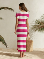 Resort-style Sleeveless Round Neck Striped Knit Midi Dress