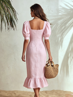 Vacation-style Square-neck Puff-sleeve Ruffled Midi Dress