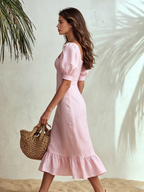 Vacation-style Square-neck Puff-sleeve Ruffled Midi Dress